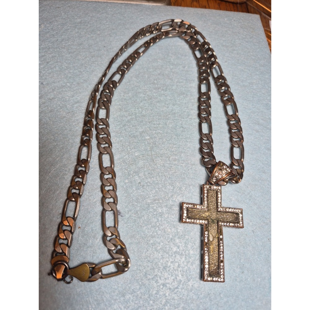 Religious Cross Necklace Heavy Chain Bling Missing A Couple Rhinestones 925